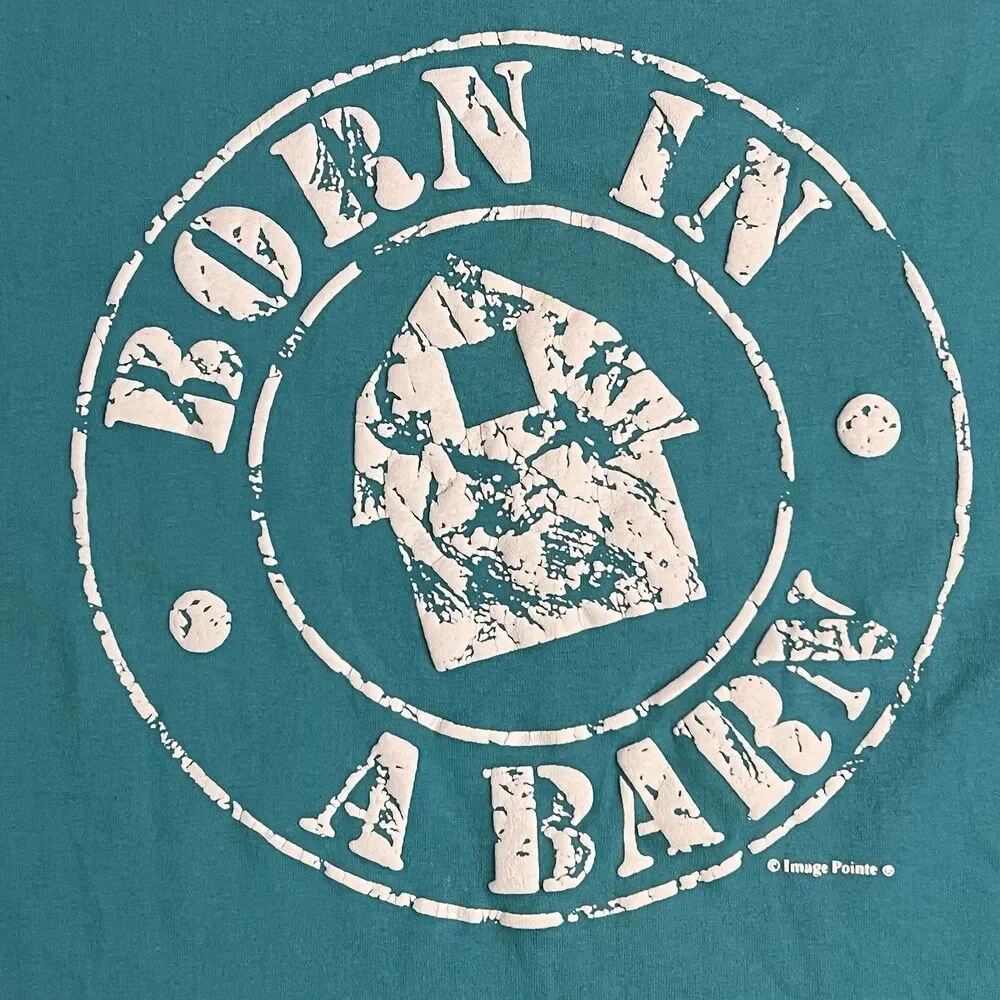 Vintage Hanes Single Stitch T Shirt Men Sz XL Made In USA Funny Born In A Barn - Picture 9 of 9